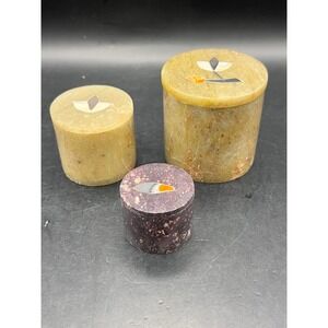 Vtg Set of 3 Round Soapstone Trinket Boxes Lids Decor Jewelry Flower Inlay India